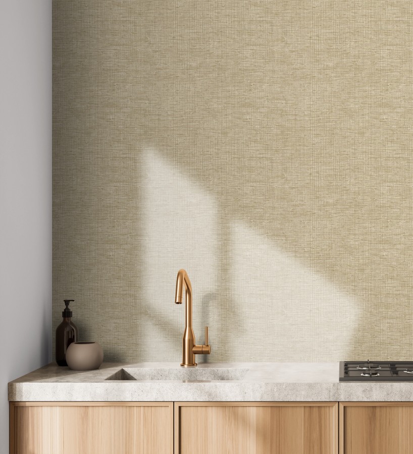 Papel pintado de textura rafia natural en relieve tono beige tostado  Drava Coarse 684236