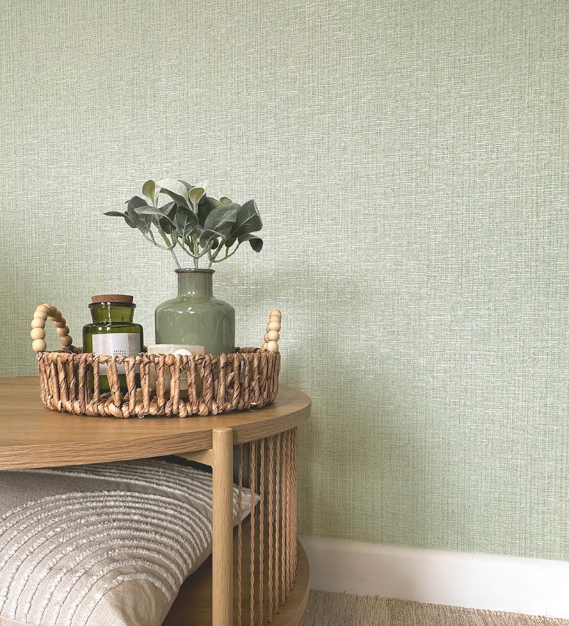 Papel pintado de textura rafia natural en relieve color verde salvia  Drava Coarse 684237