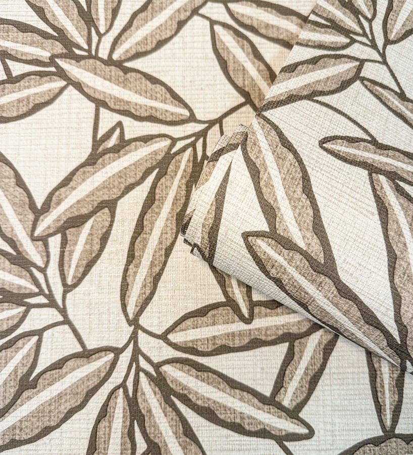 Papel pintado hojas de bambú sobre rafia natural beige claro  Drava Twilled 684238