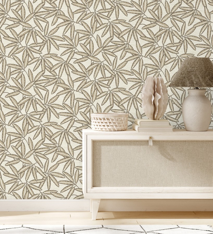 Papel pintado hojas de bambú sobre rafia natural beige claro  Drava Twilled 684238