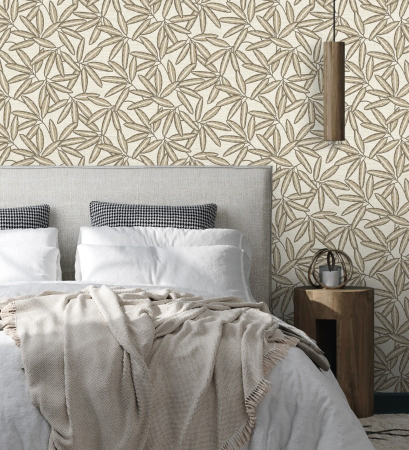 Papel pintado hojas de bambú sobre rafia natural beige claro  Drava Twilled 684238