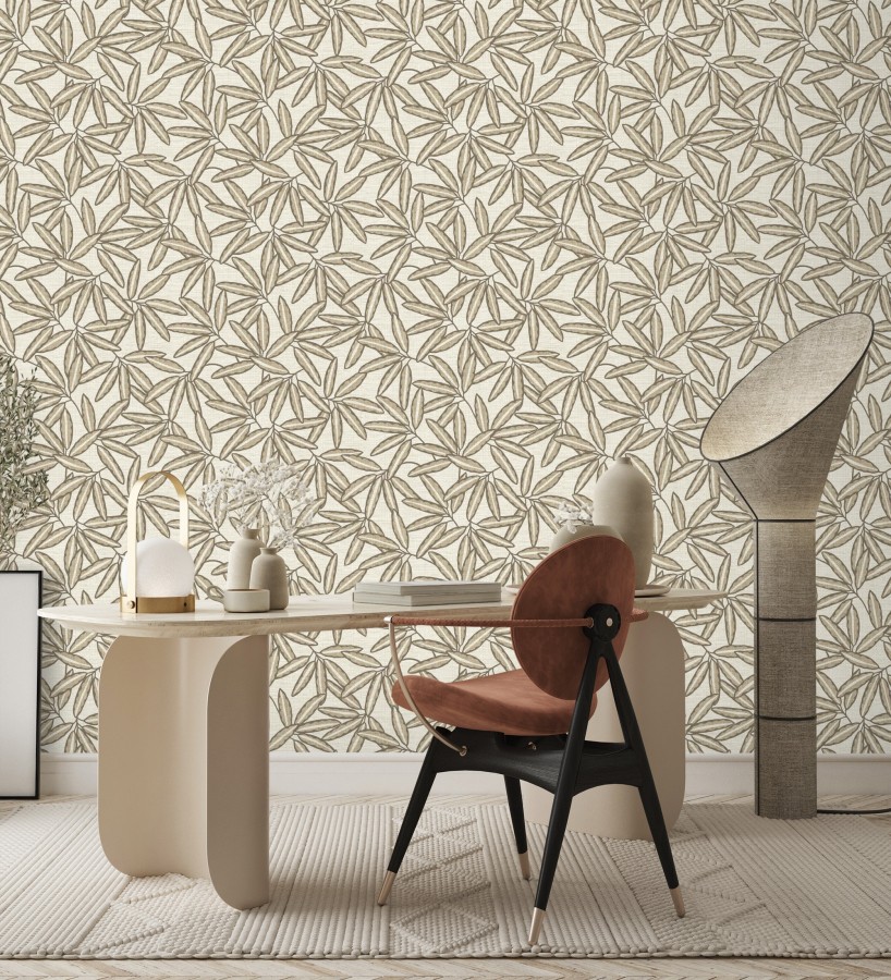 Papel pintado hojas de bambú sobre rafia natural beige claro  Drava Twilled 684238