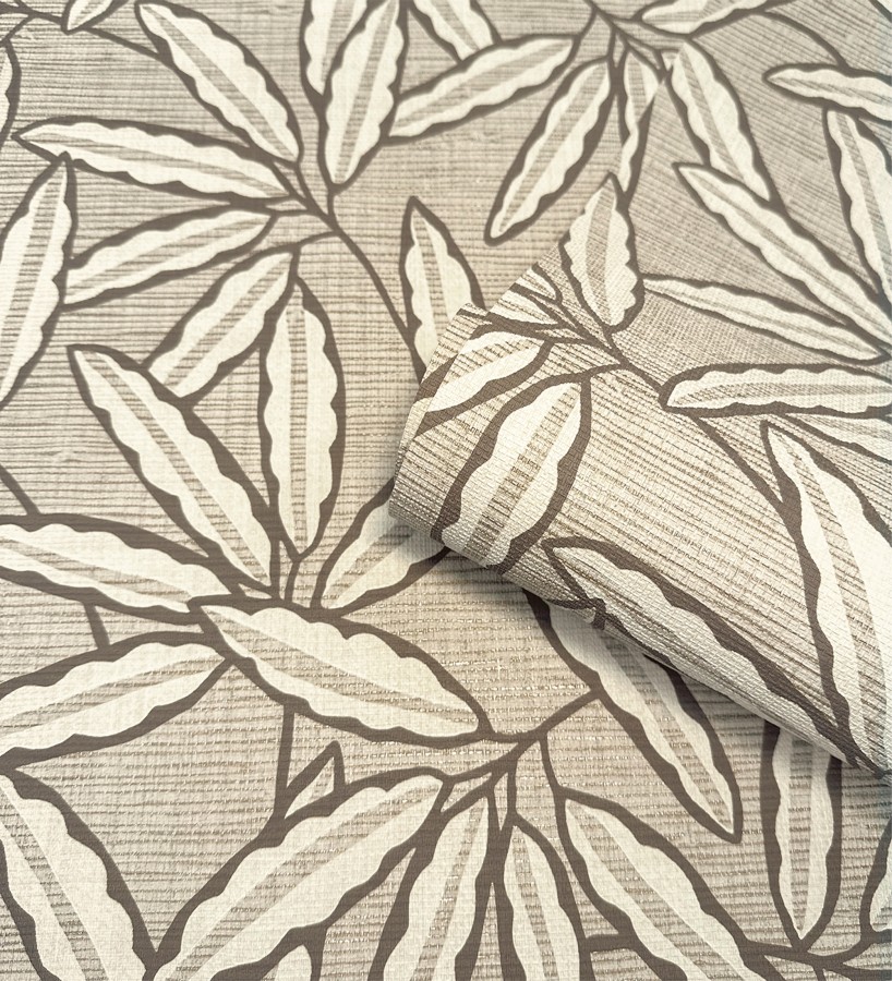Papel pintado hojas de bambú sobre rafia natural beige tostado  Drava Twilled 684239