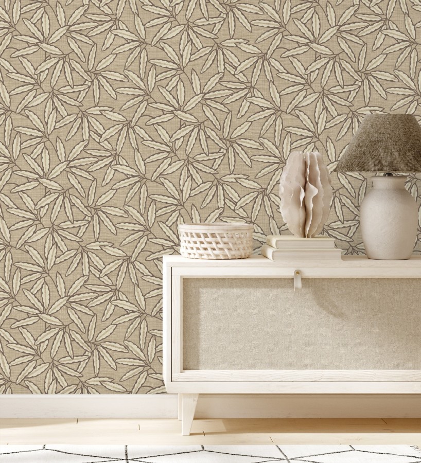 Papel pintado hojas de bambú sobre rafia natural beige tostado  Drava Twilled 684239