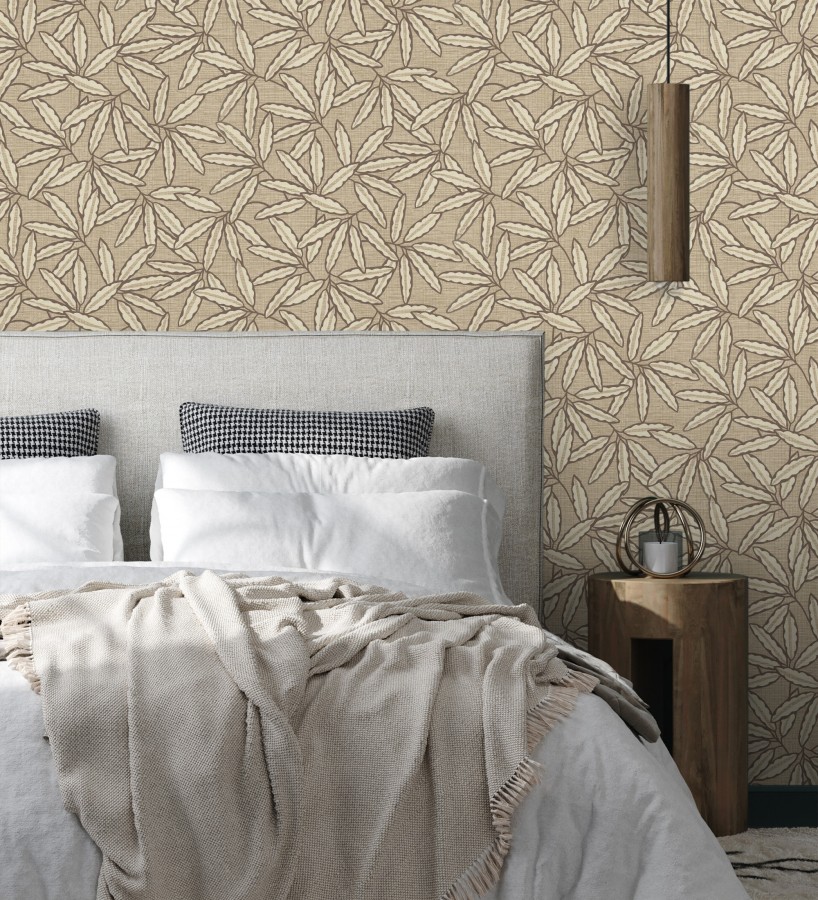 Papel pintado hojas de bambú sobre rafia natural beige tostado  Drava Twilled 684239