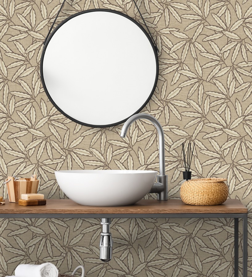 Papel pintado hojas de bambú sobre rafia natural beige tostado  Drava Twilled 684239
