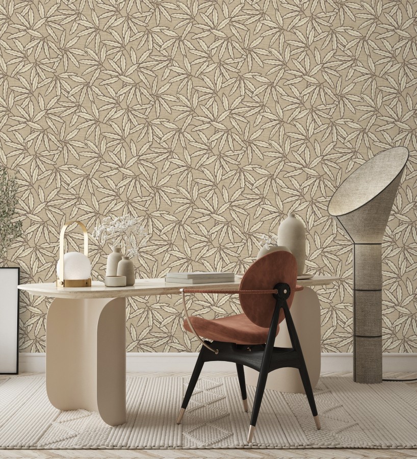 Papel pintado hojas de bambú sobre rafia natural beige tostado  Drava Twilled 684239