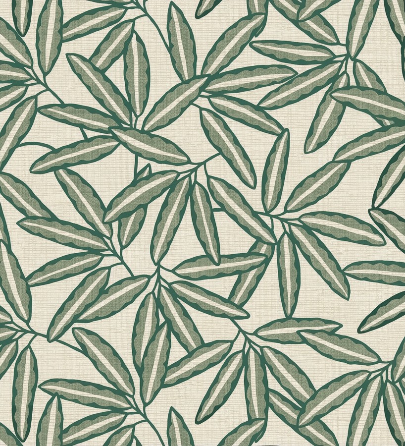 Papel pintado hojas de bambú verde sobre rafia natural beige claro  Drava Twilled 684240
