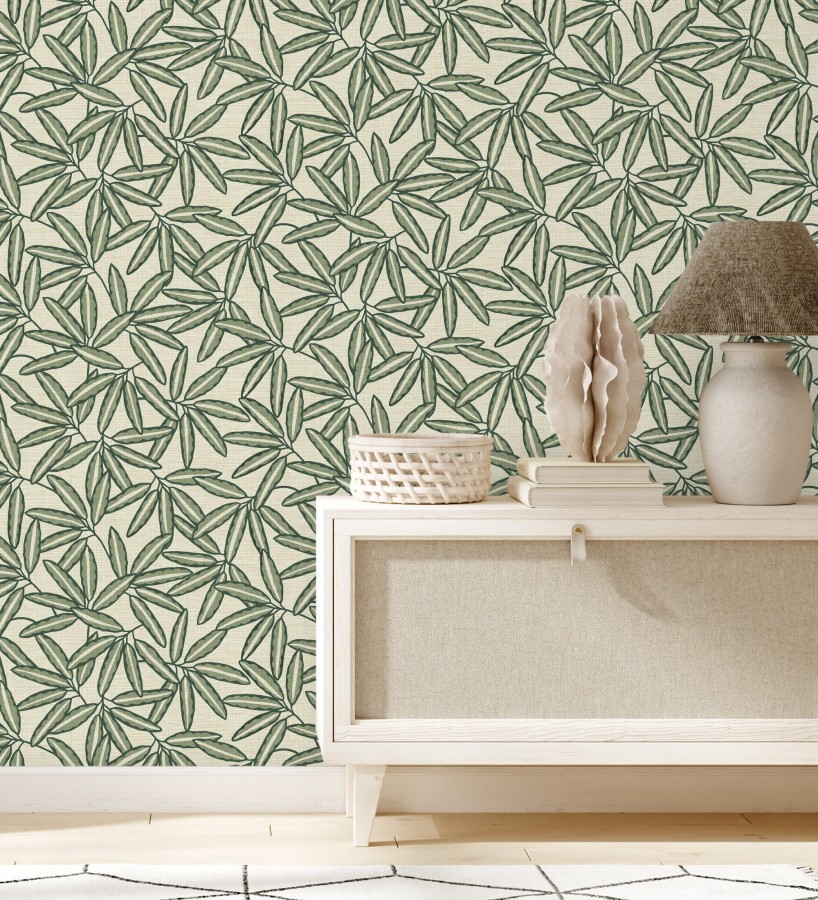 Papel pintado hojas de bambú verde sobre rafia natural beige claro  Drava Twilled 684240