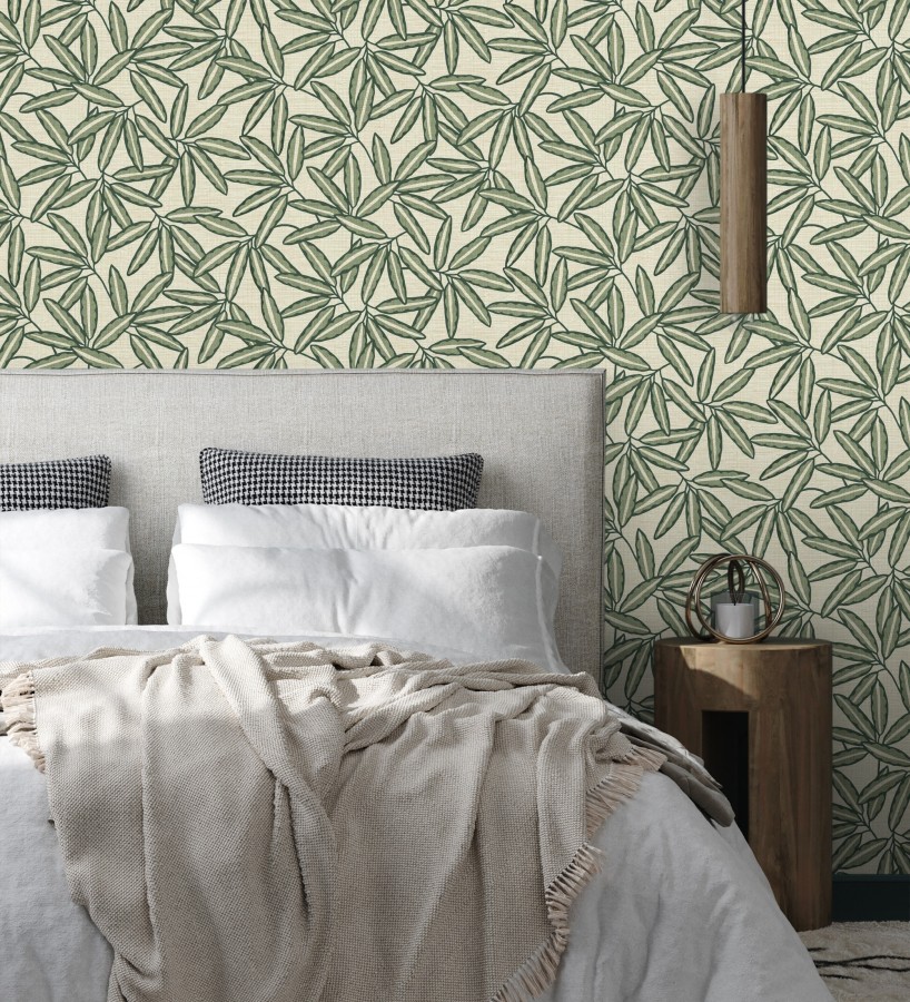 Papel pintado hojas de bambú verde sobre rafia natural beige claro  Drava Twilled 684240
