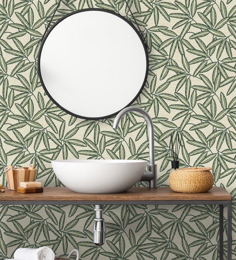 Papel pintado hojas de bambú verde sobre rafia natural beige claro  Drava Twilled 684240