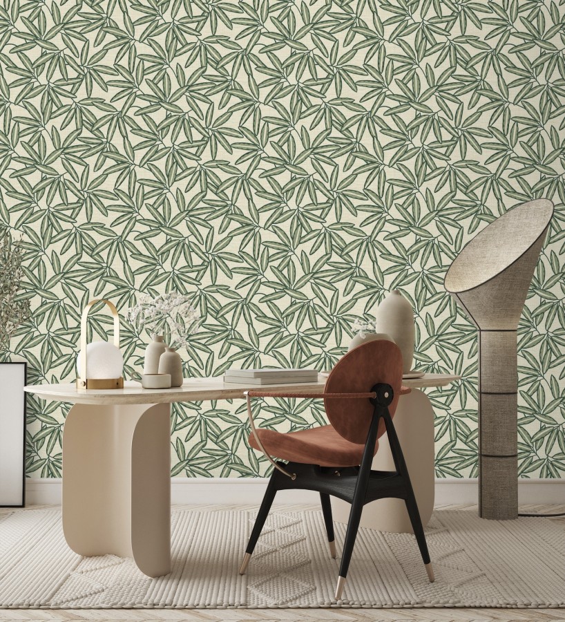Papel pintado hojas de bambú verde sobre rafia natural beige claro  Drava Twilled 684240
