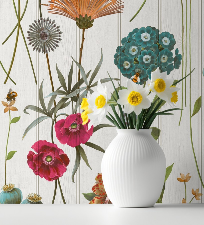 Papel pintado flores botánicas sobre maderas blanca amapolas fucsias  Bidasoa Sunlit 684241