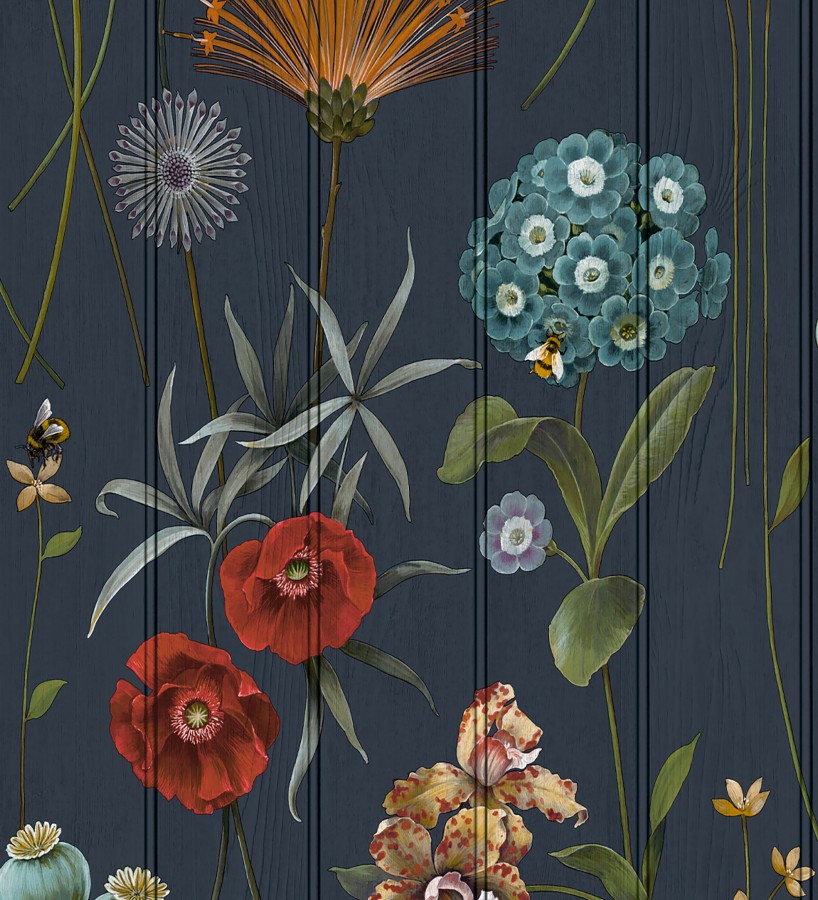Papel pintado flores botánicas sobre maderas azules amapolas rojas  Bidasoa Sunlit 684242