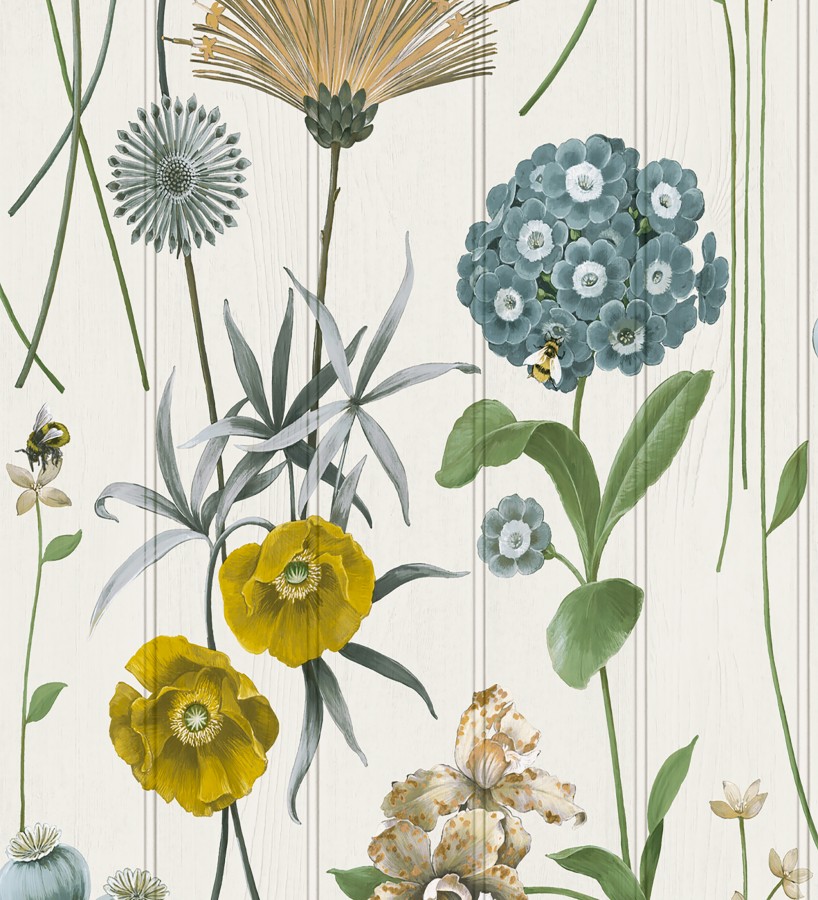 Papel pintado flores botánicas sobre maderas blancas amapolas amarillas  Bidasoa Sunlit 684243