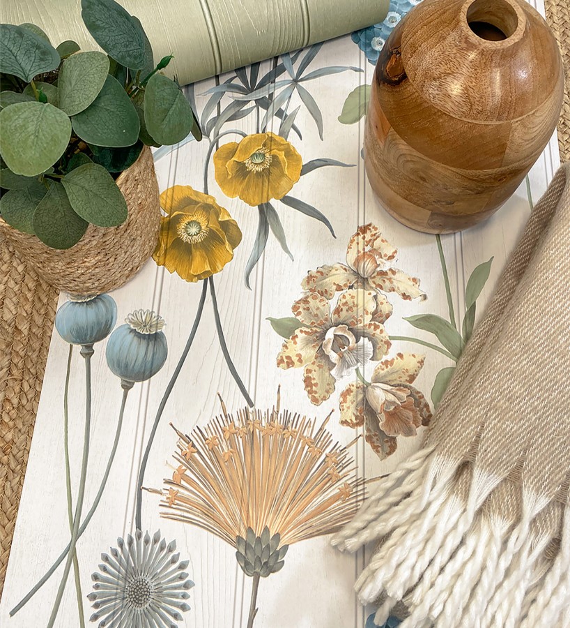 Papel pintado flores botánicas sobre maderas blancas amapolas amarillas  Bidasoa Sunlit 684243
