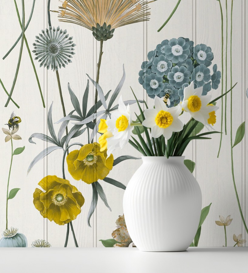 Papel pintado flores botánicas sobre maderas blancas amapolas amarillas  Bidasoa Sunlit 684243