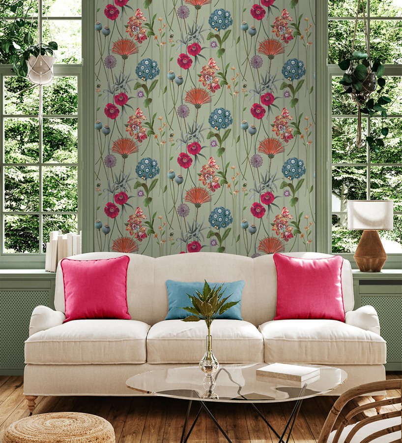 Papel pintado flores botánicas sobre maderas verdes amapolas fucsias  Bidasoa Sunlit 684244