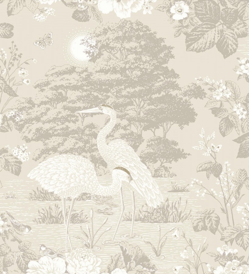Papel pintado garzas en estanque floral vintage fondo beige arena  Kyoto Sanctuary 684245