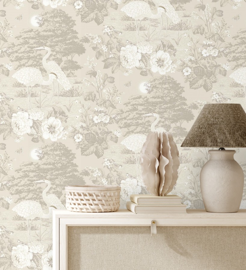 Papel pintado garzas en estanque floral vintage fondo beige arena  Kyoto Sanctuary 684245
