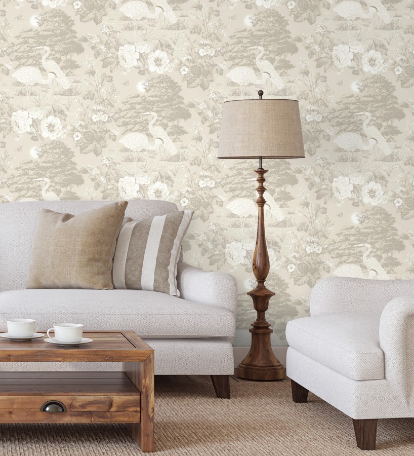Papel pintado garzas en estanque floral vintage fondo beige arena  Kyoto Sanctuary 684245