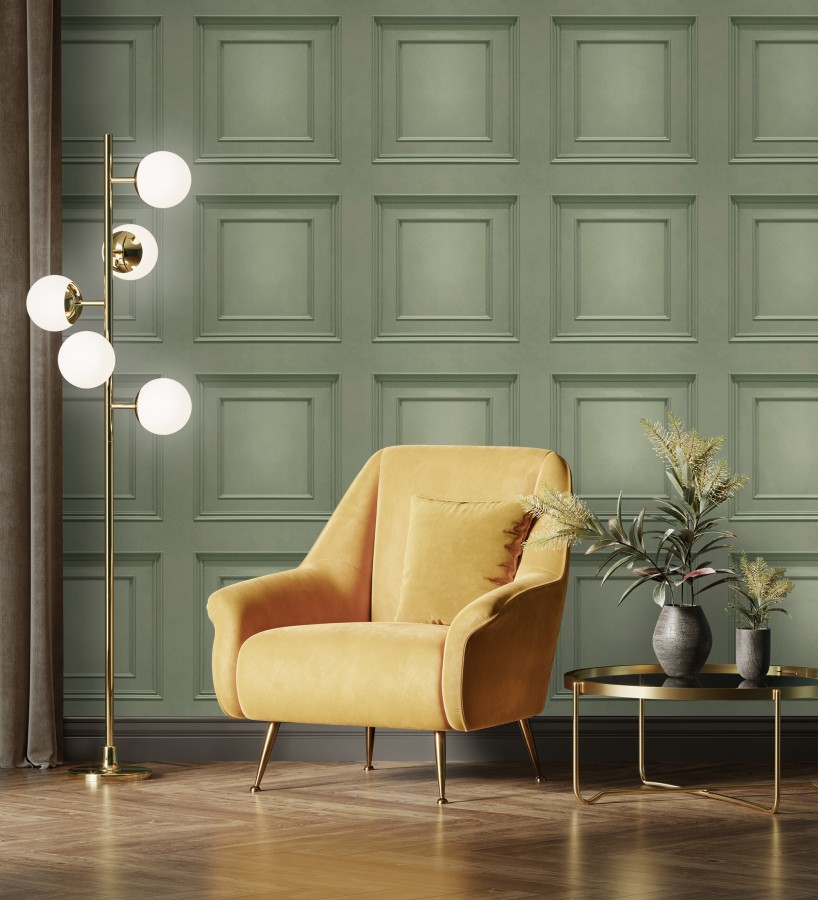 Papel pintado casetones de madera color verde textura en relieve  Bristol Ledge 684246