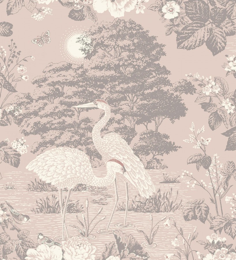 Papel pintado garzas en estanque floral vintage fondo rosa empolvado  Kyoto Sanctuary 684248
