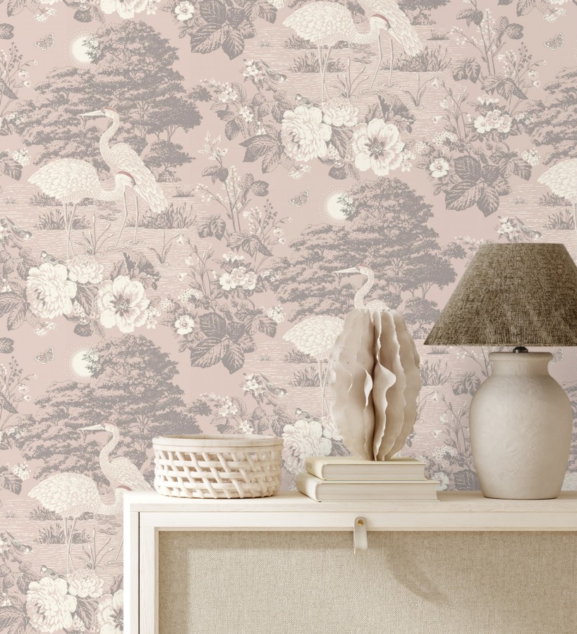 Papel pintado garzas en estanque floral vintage fondo rosa empolvado  Kyoto Sanctuary 684248