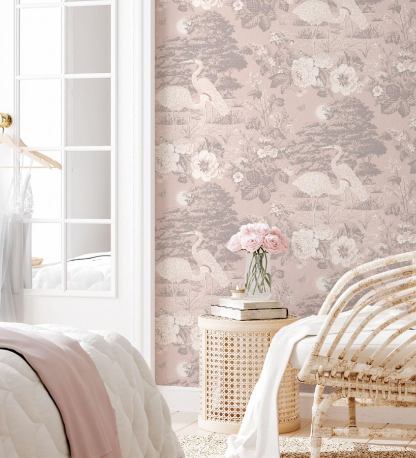Papel pintado garzas en estanque floral vintage fondo rosa empolvado  Kyoto Sanctuary 684248