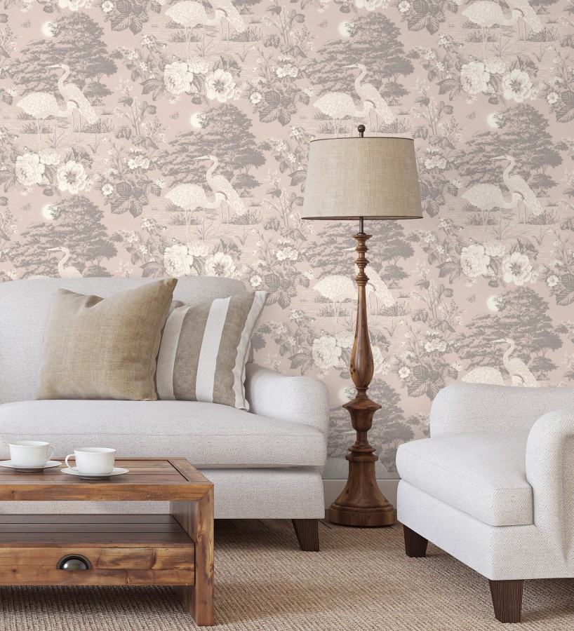 Papel pintado garzas en estanque floral vintage fondo rosa empolvado  Kyoto Sanctuary 684248