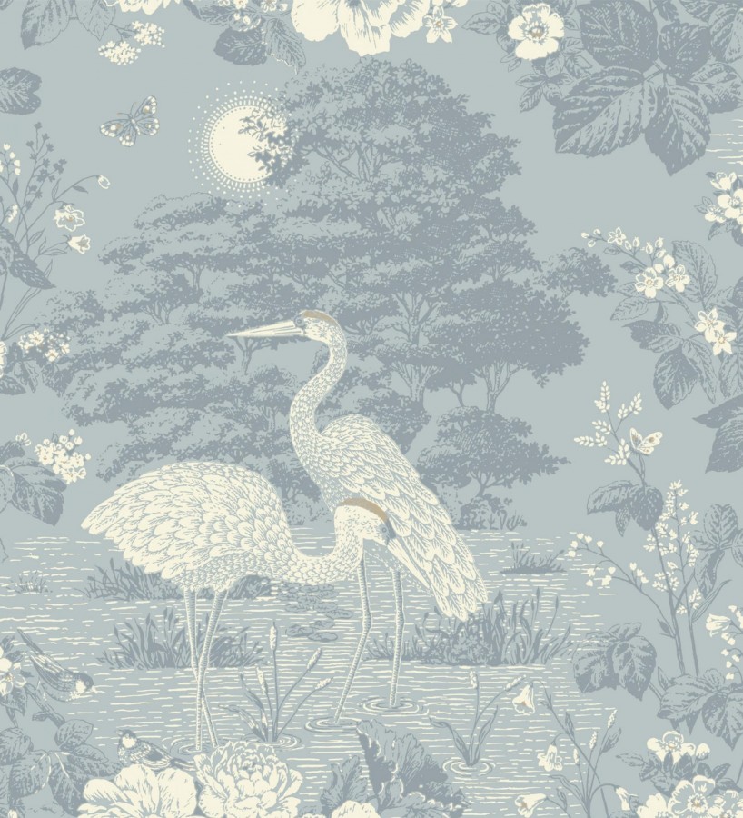Papel pintado garzas en estanque floral vintage fondo azul pastel  Kyoto Sanctuary 684249