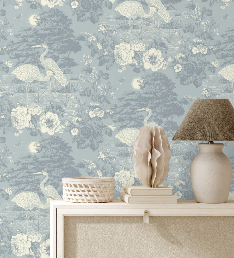 Papel pintado garzas en estanque floral vintage fondo azul pastel  Kyoto Sanctuary 684249