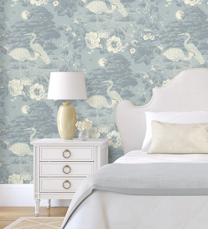 Papel pintado garzas en estanque floral vintage fondo azul pastel  Kyoto Sanctuary 684249