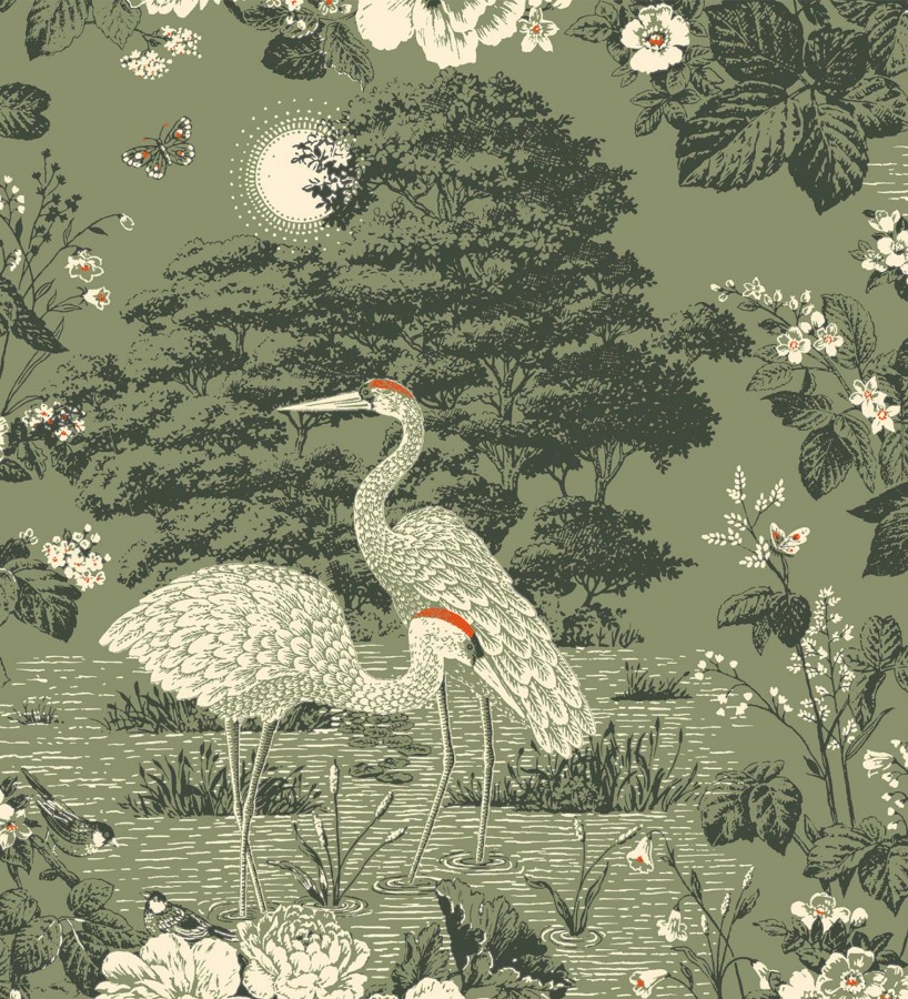 Papel pintado garzas en estanque floral vintage fondo verde musgo  Kyoto Sanctuary 684250