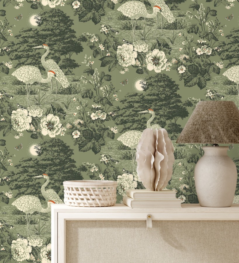Papel pintado garzas en estanque floral vintage fondo verde musgo  Kyoto Sanctuary 684250