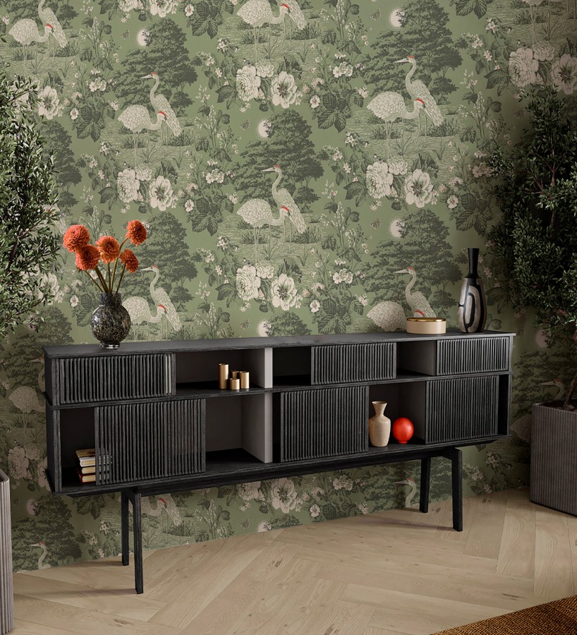 Papel pintado garzas en estanque floral vintage fondo verde musgo  Kyoto Sanctuary 684250