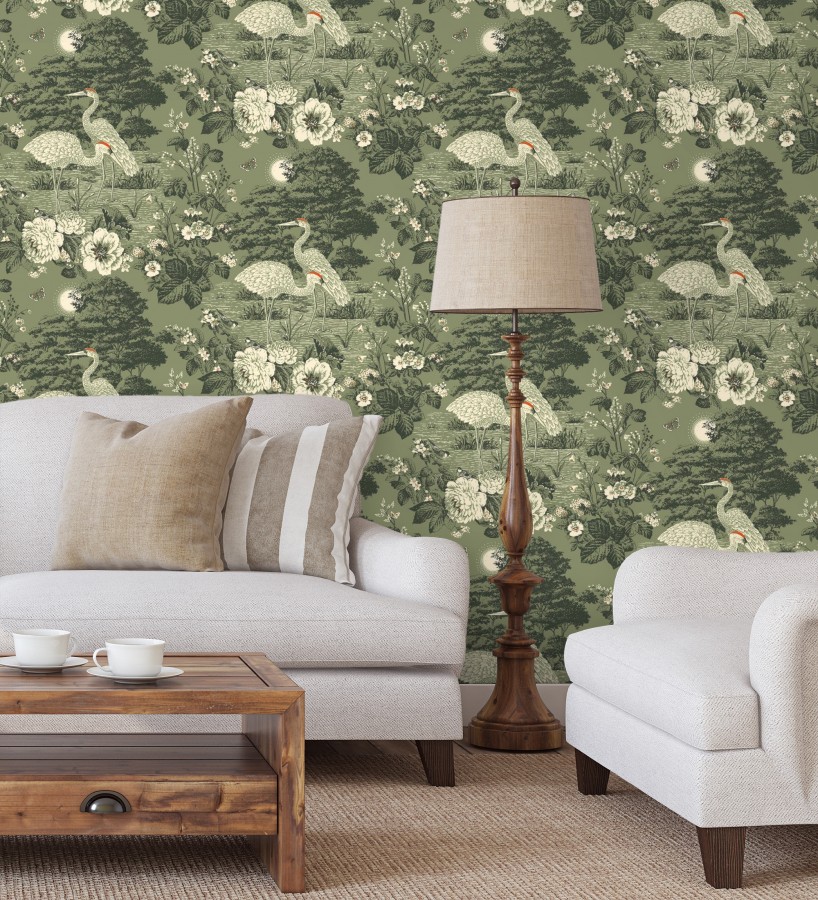 Papel pintado garzas en estanque floral vintage fondo verde musgo  Kyoto Sanctuary 684250