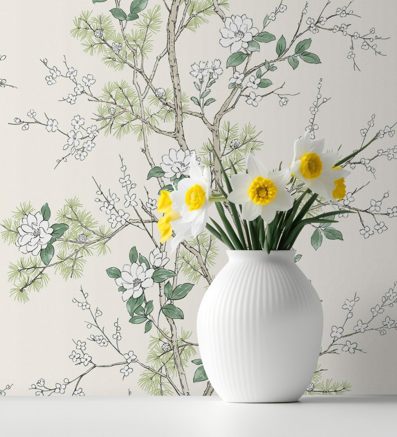 Papel pintado de naturaleza zen con flores y pino oriental fondo crema  Adachi Blossom 684251