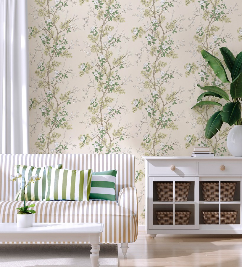 Papel pintado de naturaleza zen con flores y pino oriental fondo crema  Adachi Blossom 684251