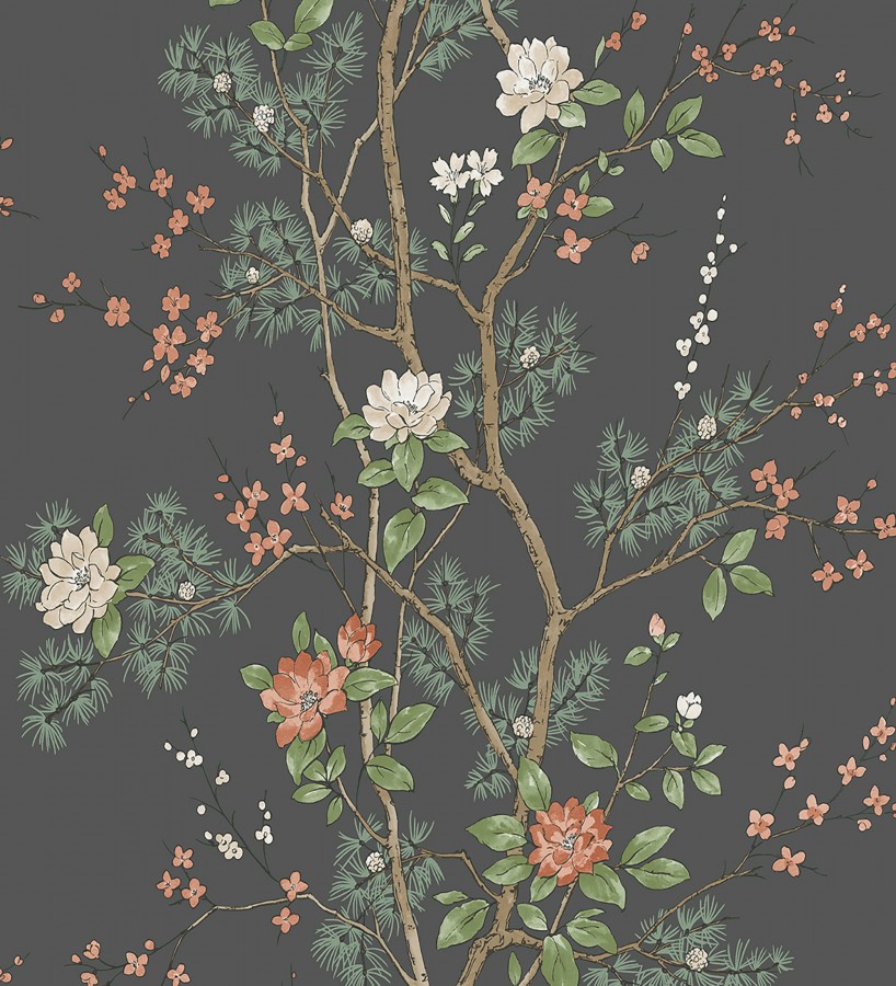 Papel pintado de naturaleza zen con flores y pino oriental fondo negro  Adachi Blossom 684252