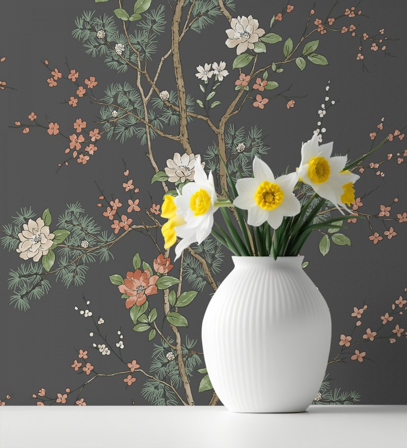 Papel pintado de naturaleza zen con flores y pino oriental fondo negro  Adachi Blossom 684252