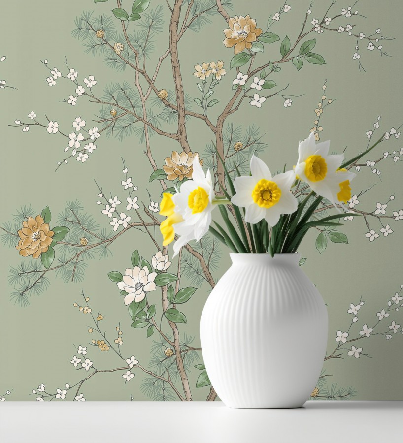 Papel pintado de naturaleza zen con flores y pino oriental fondo verde  Adachi Blossom 684253
