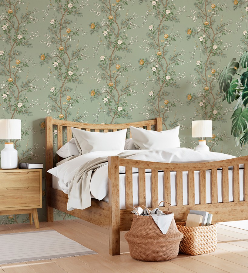 Papel pintado de naturaleza zen con flores y pino oriental fondo verde  Adachi Blossom 684253