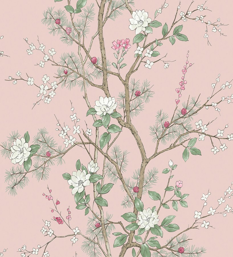 Papel pintado de naturaleza zen con flores y pino oriental fondo rosa  Adachi Blossom 684254