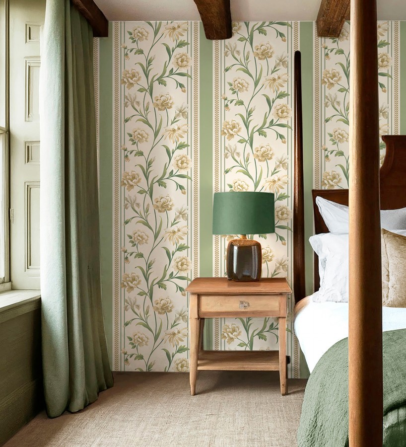 Papel pintado clásico de peonías y rayas fondo color crema  Briseida Serenity 684255