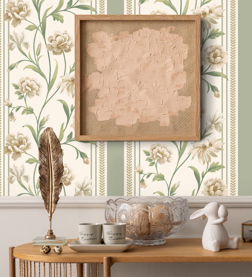 Papel pintado clásico de peonías y rayas fondo color crema  Briseida Serenity 684255