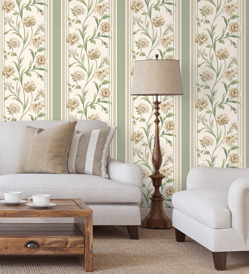 Papel pintado clásico de peonías y rayas fondo color crema  Briseida Serenity 684255