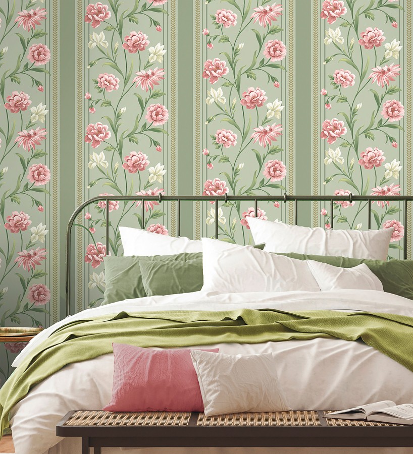 Papel pintado clásico de peonías y rayas fondo verde helecho  Briseida Serenity 684256