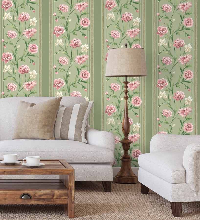 Papel pintado clásico de peonías y rayas fondo verde helecho  Briseida Serenity 684256