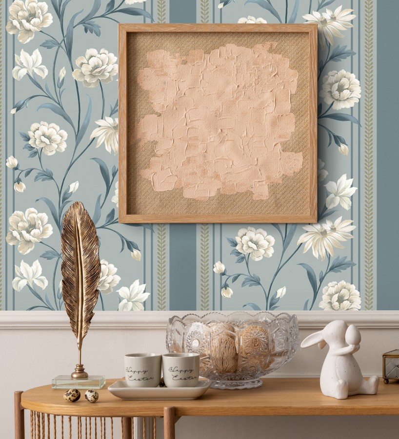 Papel pintado clásico de peonías y rayas fondo azul acero  Briseida Serenity 684257